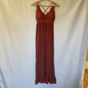 Pink Lily coral spaghetti strap maxi dress cutout detail padded cups ruffle lace